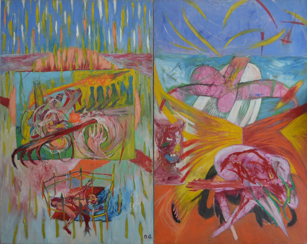 Díptico: Pintando con el corazón y Pintor en su jaula, obra de Omar Gatica, 145 x 180cm. Años 80.