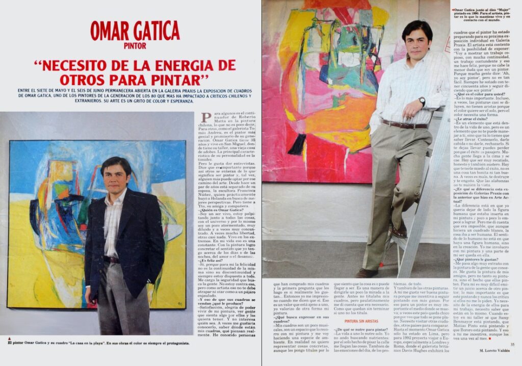 OG-PRE-1991. Entrevista en revista Cosas en torno a la Exposición individual de Omar Gatica en Galería Praxis, Santiago de Chile. 7 de mayo al 6 de junio.